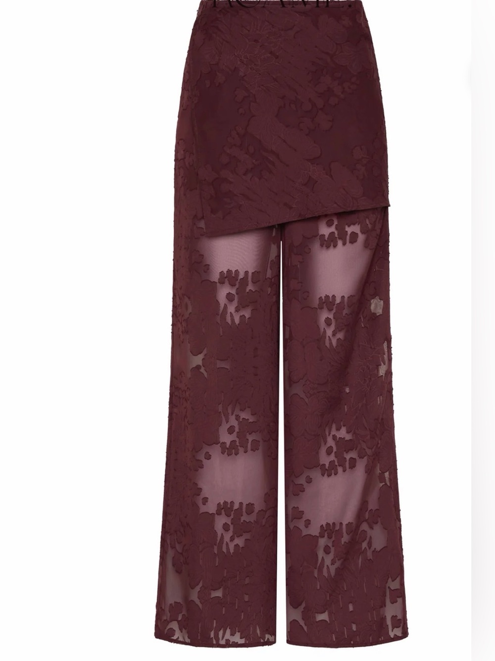 Sheer Floral Overlay Wide-Leg Pants in Plum
